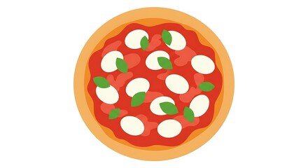 Fototapeta premium Flat vector illustration of a classic Italian Margherita pizza with fresh tomato, mozzarella, and basil leaves, isolated on a white background