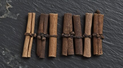 A top-down view showcases cinnamon sticks and cloves arranged on a dark slate surface.