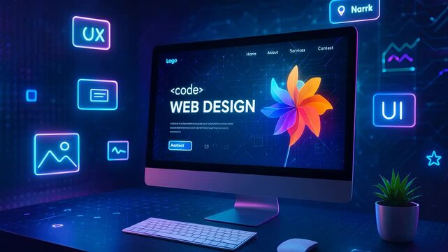 Modern Web Design on Desktop Screen with Glowing UI UX Elements and Colorful Digital Development Environment


