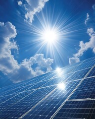 Solar Panels Gleaming Under Bright Sun with Blue Sky and Clouds Energy Production Clean Power Technology