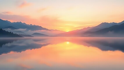 Fototapeta premium Lake at sunrise with fog in mountains nature background landscape