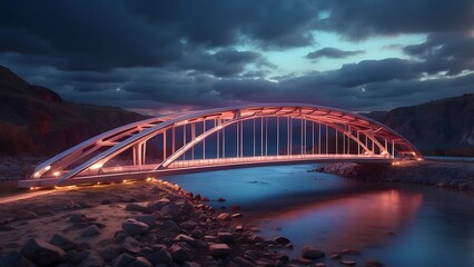 Obraz premium A glowing bridge with drones maintaining its structure in real time. Cinematic theme, HDR, Vibrant