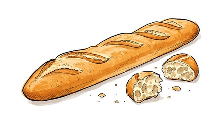Artistic sketch of a French baguette with a rustic crust and crumbs around it, drawn in classic ink style on a clean white background