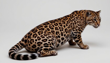 Naklejka premium a sleek jaguar, white background, rosette pattern, stealthy pose, 4k resolution