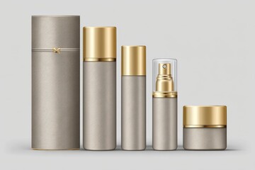 Clean 2D vector of a luxury skincare set with golden caps and premium packaging