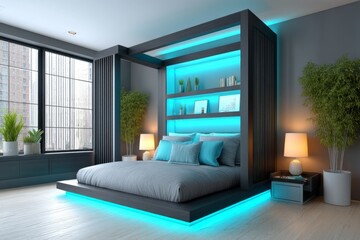 Futuristic luxurious suite with levitating bed, ambient lights, and AI-controlled ambiance