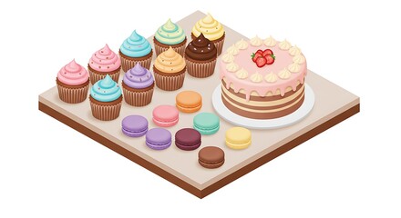 Isometric illustration of a dessert table with cupcakes, layered cake, macarons, and cookies in pastel colors, isolated on a white background