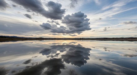 Obraz premium Stunning Sunset Reflection on Calm Lake with Dramatic Clouds