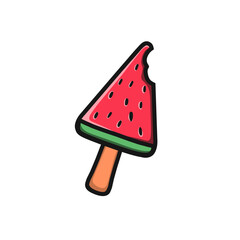 Cute Watermelon Popsicle Illustration with Bite – Summer Fruit Ice Cream Icon in Cartoon Style on White Background