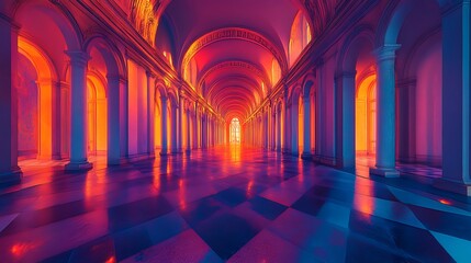 Obraz premium Vivid architectural display of a corridor enhanced with colorful illuminations