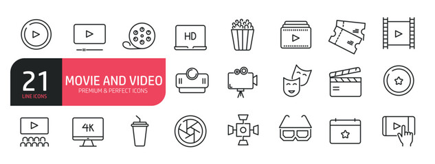Set of line icons related to cinema, movie camera, video, music, popcorn. Outline icons collection. Editable stroke. Vector illustration stock illustration