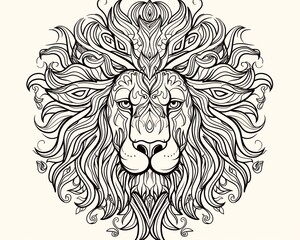 Fototapeta premium A striking black and white illustration of a lion's head with intricately designed swirling patterns, conveying regality and strength.
