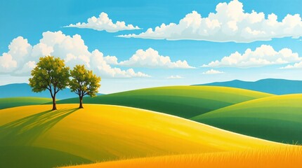 Tuscany landscape with trees and clouds.
