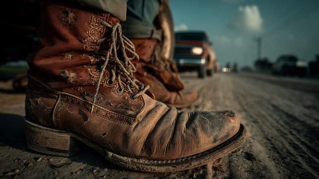 Worn work boots on a dusty road