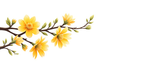 Bright Yellow Blossoms on Branch with Green Leaves