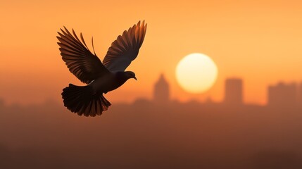 Obraz premium Soaring bird at sunrise over urban landscape capturing nature's beauty in a serene environment