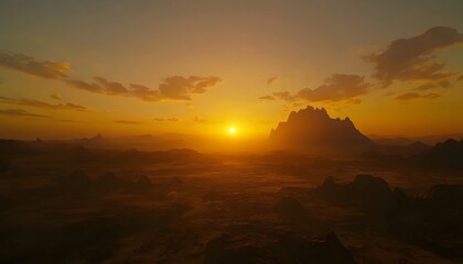 Golden hour landscape at sunrise over a mountainous terrain.