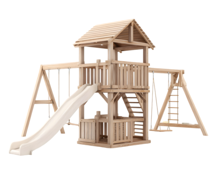 Wooden Childrens Playset with Slide and Swings PNG on Transparent Background