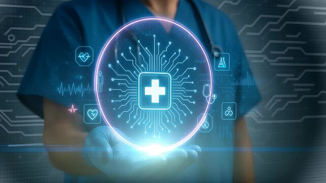 Medical Professional Holding Glowing Digital Health Symbol Representing Futuristic Healing and AI Healthcare System

