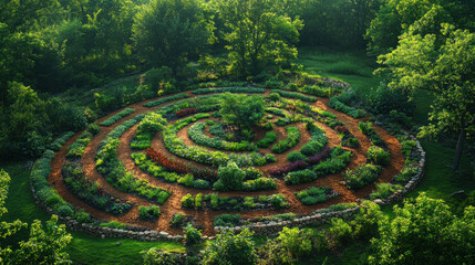 Aerial diagram of permaculture zones arranged in concentric rings with food forests, chicken runs, and compost