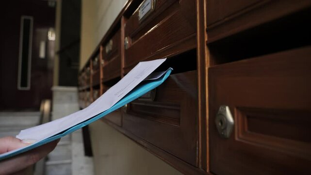 Postwoman puts letters into mailbox in hall close-up. Worker delivering post bills inserting correspondence in building corridor. High quality 4k footage