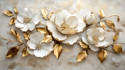 Opulent 3D Golden Flowers on Marble Textured Background