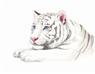 Obraz premium A relaxed white tiger with striking blue eyes and a pink nose rests calmly