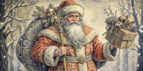 A Festive Winter Scene Featuring a Bearded Man in a Red and White Suit Carrying a Wrapped Gift and a Walking Stick, with Snow Falling Around Him