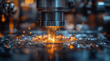 Molten metal pouring into a mold during industrial manufacturing process.