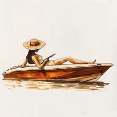 A woman reads a book on a vintage wood motor boat, barefoot and relaxed, surrounded by calm water and a bright white background.