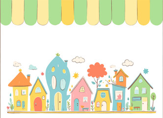Colorful houses in whimsical neighborhood under striped awning with fluffy clouds