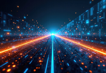 High-tech neon highway leading into a binary-coded horizon, glowing with orange and blue in a shadowy cyberpunk universe, evoking futuristic depth and digital mystery
