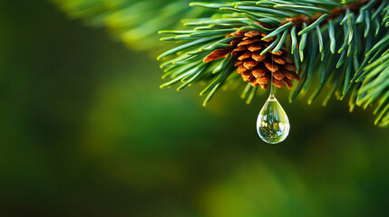 A single droplet hanging from the tip of a fresh pine needle, close-up macro shot, softly blurred green backdrop,