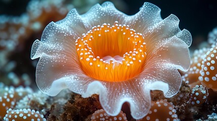 Fototapeta premium Close-up of a vibrant orange and white sea anemone with translucent petals, showcasing intricate details and texture against a dark background.