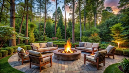 Cozy outdoor seating area with a fire pit surrounded by lush greenery and tall trees on a chilly evening , wood fire