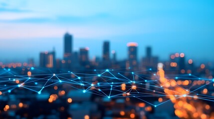 Futuristic city skyline with digital connections and networks
