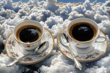 Two delicate cups of coffee, floating amidst fluffy white clouds.  Dark, rich coffee fills each cup.  Elegant china and silver spoons rest on the saucers