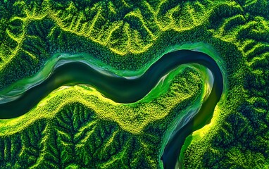 An aerial view presents a river meandering through dense, vibrant green forested land