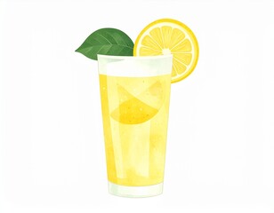 Refreshing drink! Tall glass of yellow liquid, lemon slice, leaf. Simple and delightful