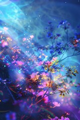 A cluster of colorful flowers with intricate details and textures dominates a dreamlike landscape, set against a blurred, star-filled sky.