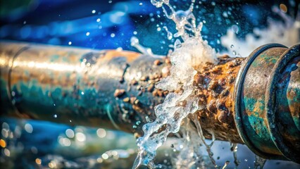 Fototapeta na wymiar A burst water pipe spews out a cascade of water droplets, creating a stunning visual of nature's power and the fragility of infrastructure.