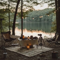 Cozy evening setup by the lake with lantern, cameras and chairs in forest for relaxation