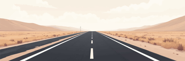 Desert Highway: Long Road Through Dunes Under Cloudy Sky