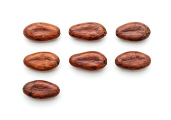 Obraz premium Seven cocoa beans arranged on a white background view