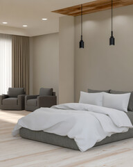 Modern bedroom design with minimalistic furniture and soft lighting in a spacious layout
