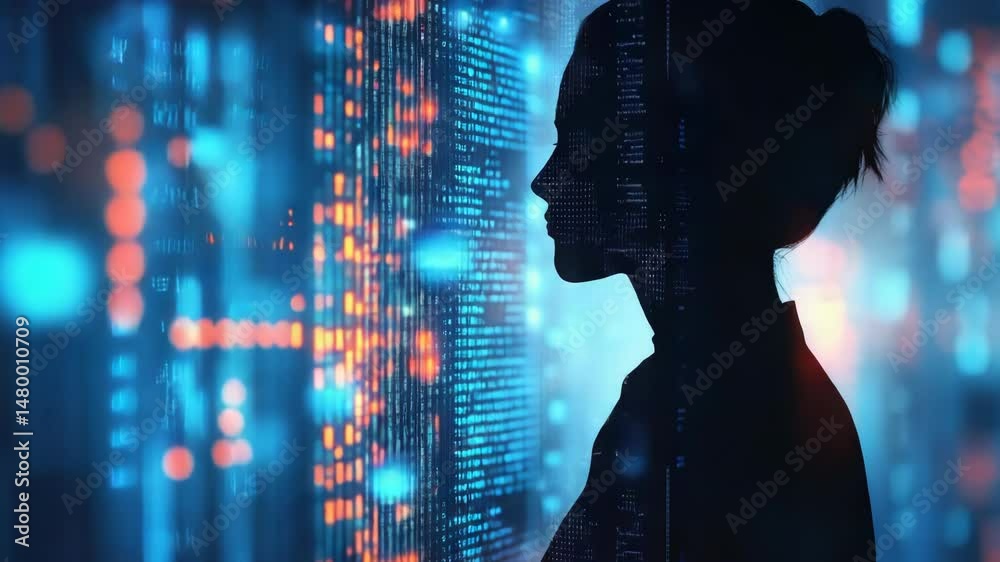 Poster a person stands in front of a computer screen, focused on their work