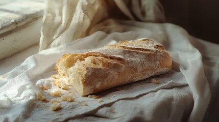 A beautifully lit, freshly baked baguette rests on a simple, white cloth, ready to be enjoyed.
