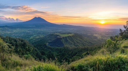 Fototapeta premium Volcanic sunrise panorama, Indonesian landscape, idyllic scenery, travel poster