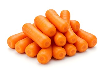 A pile of baby carrots on a plain white background view