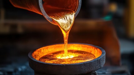 An industrial steel forge glowing with heat, glowing molten metal pouring into a mold, focused lighting on the molten metal, dim factory background 